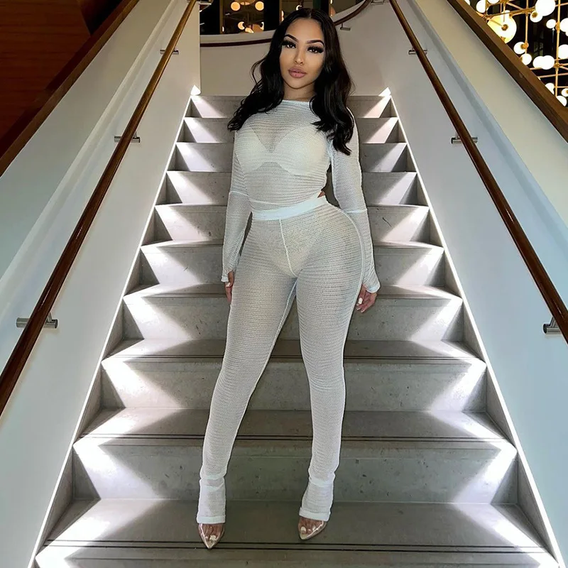 

2025 Spring Solid Mesh See Through Slim Casual 2 Piece Set Women Full Sleeve Skinny Crop Top High Waist Flare Pants Streetwear