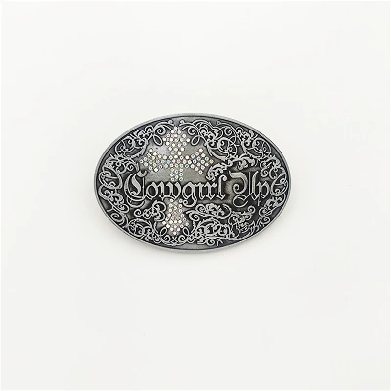 Oval belt buckle with rhinestone cross for men and women in Western style