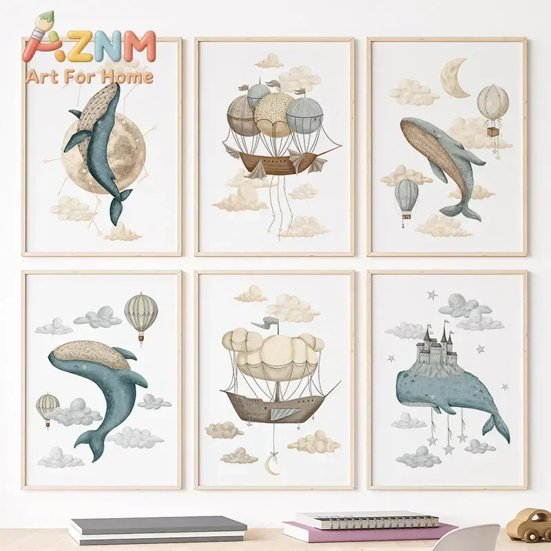 Multi-size 1PC frameless high-definition decorative paintings,Watercolour Whale Ship Castle Balloon Nordic Nursery Wall Art Post
