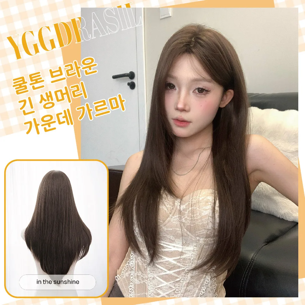 

26-дюймовый кавайный стиль, крутые коричневые синтетические парики, средняя часть, длинные прямые волосы, парик для женщин, повседневное использование, косплей, термостойкий