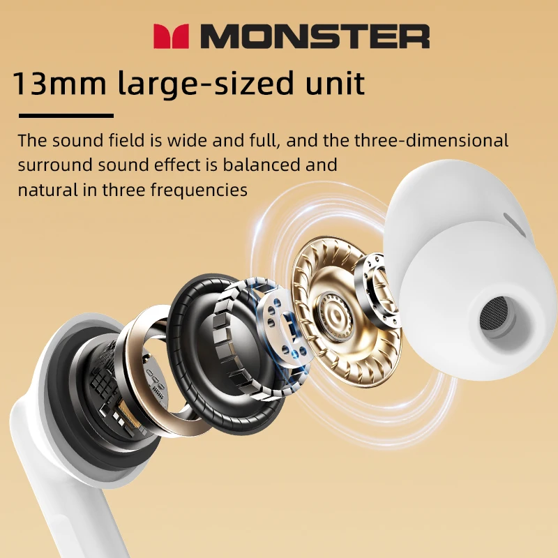 Monster MQT39 سماعات لاسلكية تعمل بالبلوتوث 6.0 TWS للحد من الضوضاء سماعات أذن رياضية Hifi ستيريو مع ميكروفون سماعات