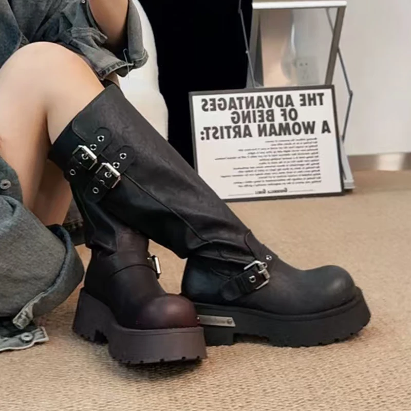 جديد أحذية عالية للنساء الشقق منصة أحذية من الجلد الاتجاه دراجة نارية الأحذية 2025 موضة احذية الجري الثلوج الدافئة بوتاس موهير