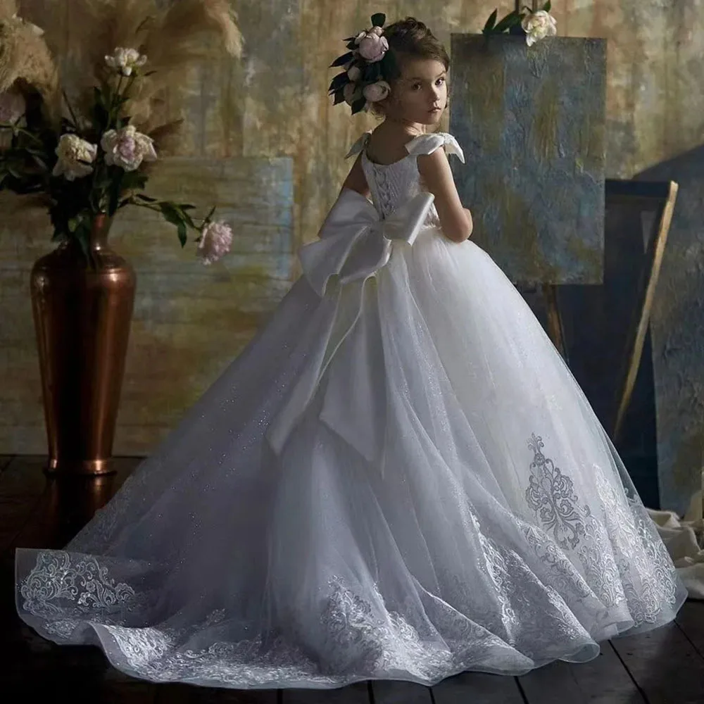 Robes de princesse à fleurs pour filles, dentelle blanche, appliques gonflées, longueur au sol, nœud en tulle, mariage, fête d'anniversaire, robe de Rhde première communion