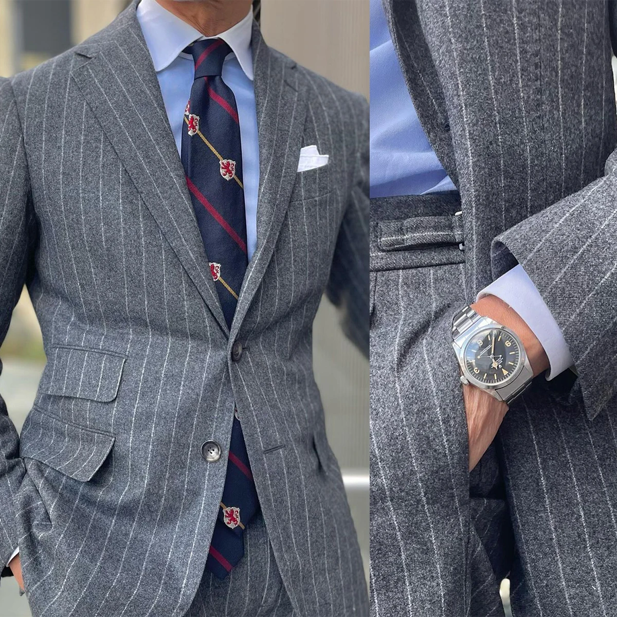 Fashion Pinstripe Men's Suit 2 Pieces Blazer Jacket and Pants Customized Two Buttons Business Wear Wedding Groom Costume Homme