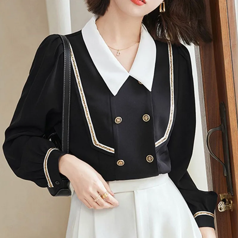 Autumn Temperament Commuting Chiffon Bright Line Striped Office Lady Puff Sleeve Double-breasted Blouse Peter Pan Collar Women