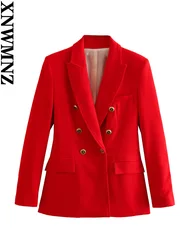 Xnwmnz 2023 Vrouwen Mode Double-Breasted Blazer Vrouw Revers Lange Mouwen Pocket Goud Knop Jas Vrouwelijke Chic Pak