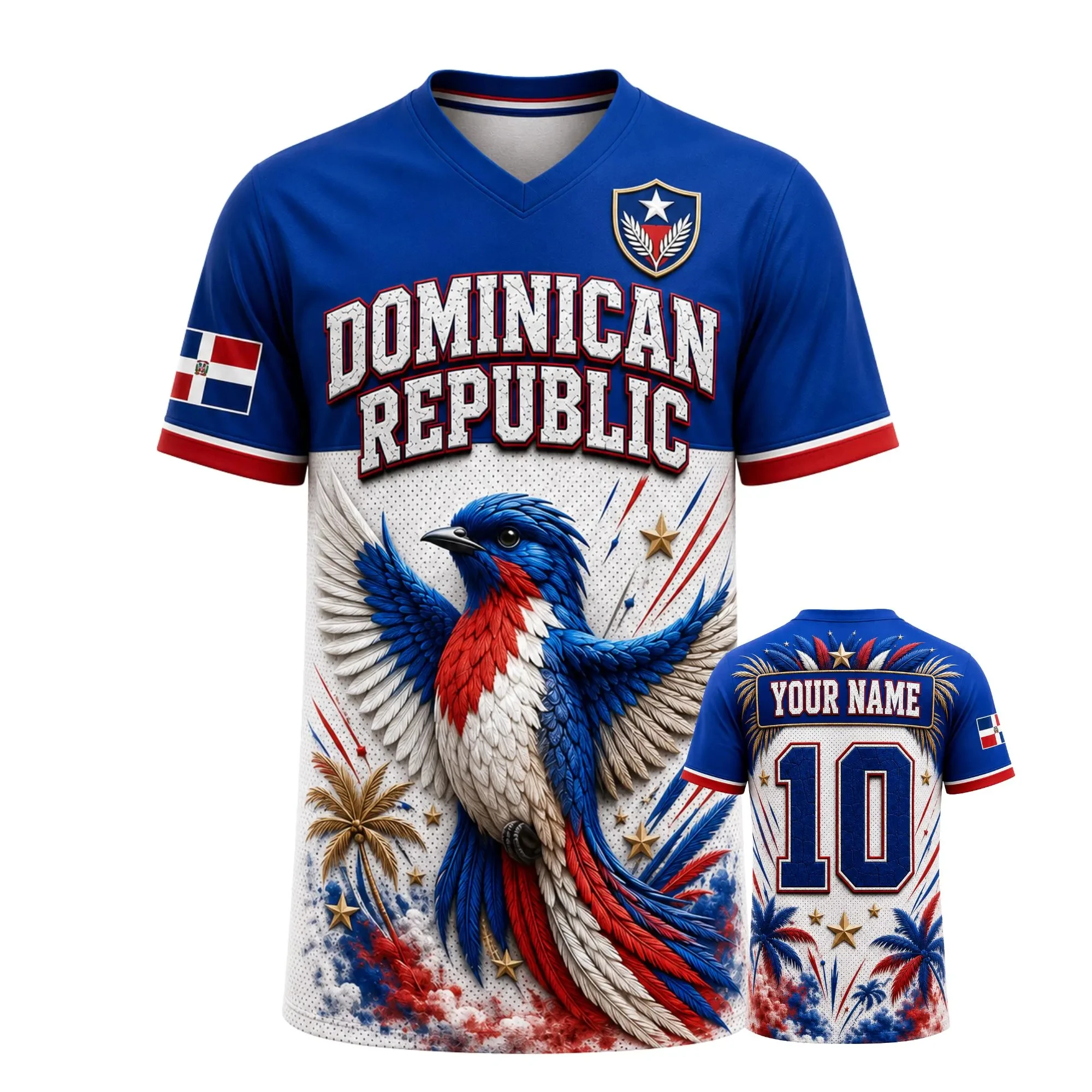 T-shirt de sport 3D personnalisé de la République dominicaine, col en V à motif quadrillé, cadeau pour renforcer la self-esteem