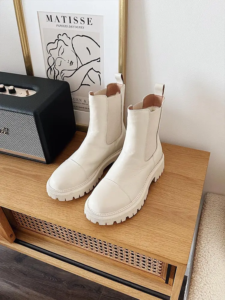 BeauToday Ankle Boots Platform Women Cow Leather Chelsea Boots Round Toe Elastic Band Thick Sole Ladies Shoes Handmade 02379S