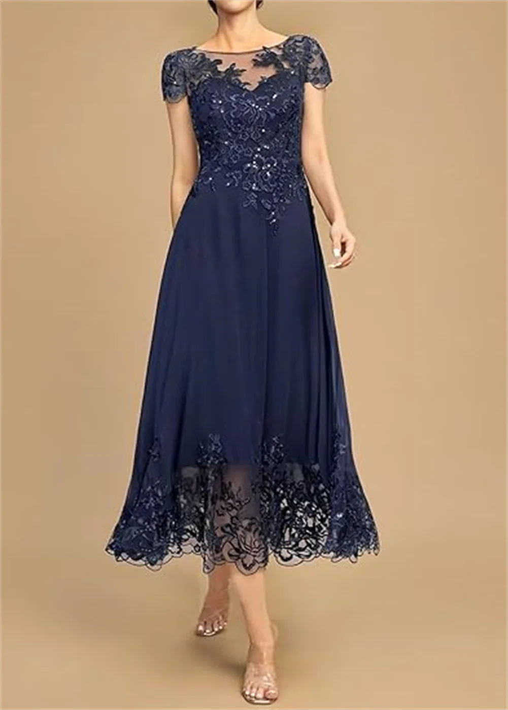 تخصيص ألف خط المرأة فساتين أم العروس طول الشاي لحفل الزفاف الشيفون الأربطة يزين فستان الجدة قصيرة الأكمام #3