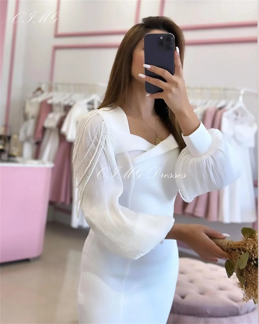 OIMG Elegant Satin Irregular Collar Long Prom Dresses Pearls Mermaid Women Satin Slit White Evening Gowns Formal Party Dress