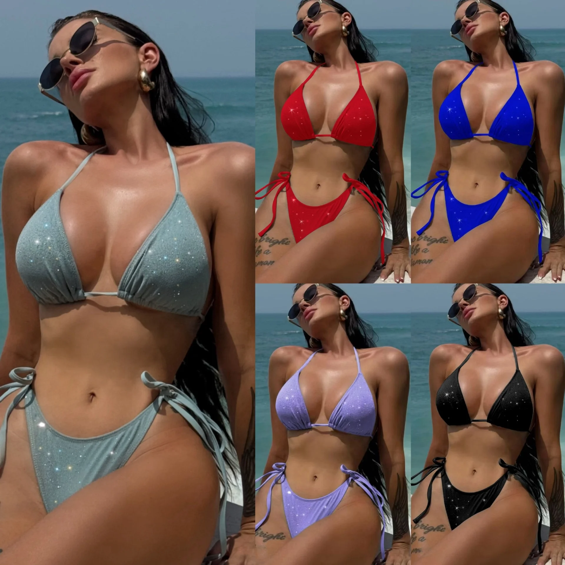 

Женский раздельный купальник Fre Sea Love: однотонный, пляжный, сексуальный, с яркими пайетками, на бретельках, из полиэстера