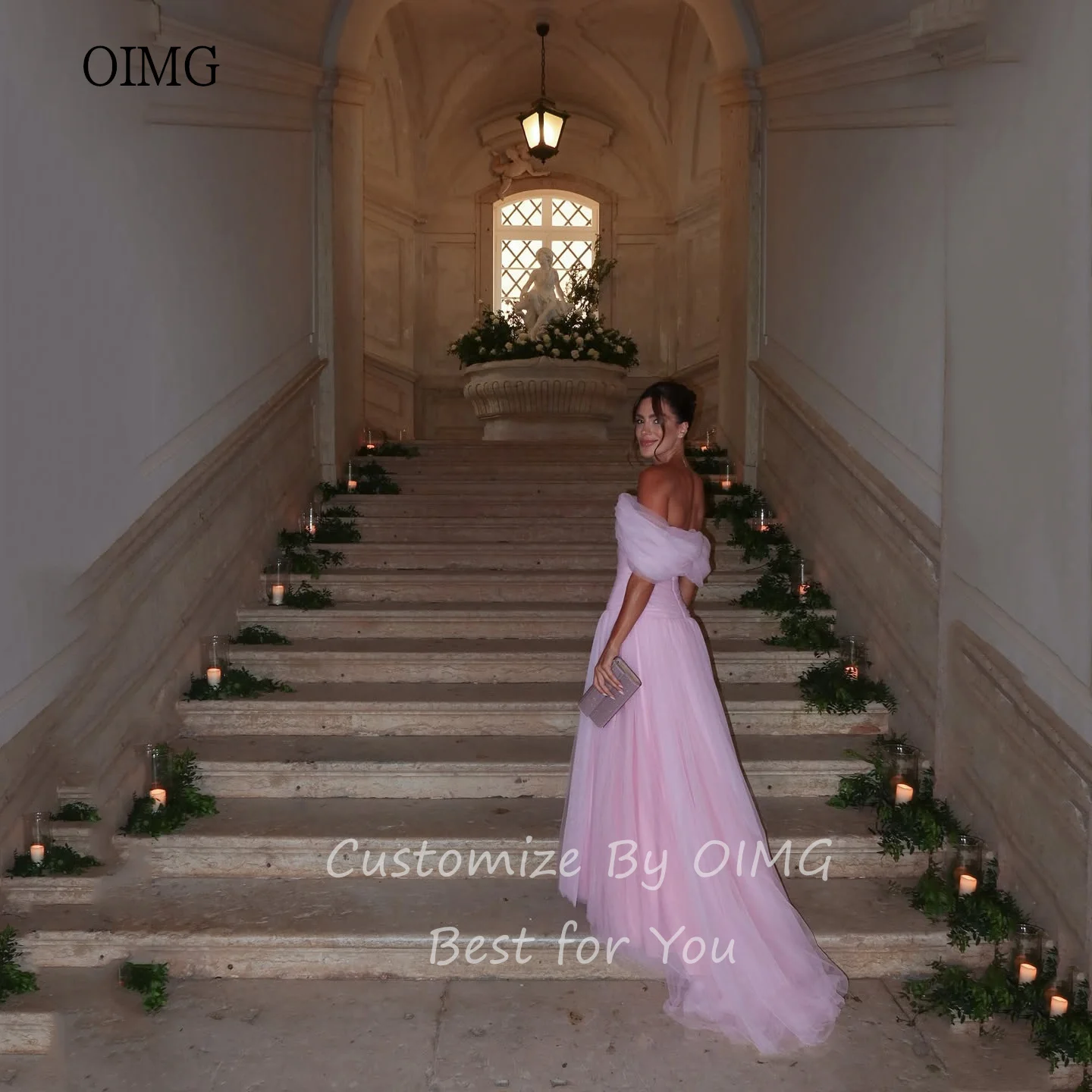 OIMG Dreamy Princess Pink A Line Prom Gowns Off The Shoulder Party Gown Floor Length Evening Dress vestidos de gala Customized image 3