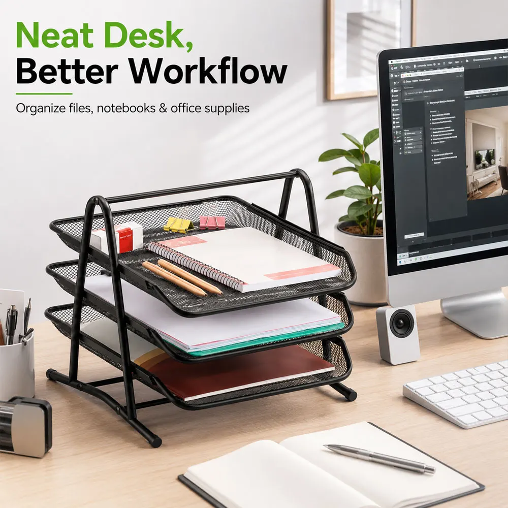 3-Tier Metal Mesh Desktop File Organizer with Sliding Trays, Non-Slip Feet and Durable Black Frame for Office Paper Storage