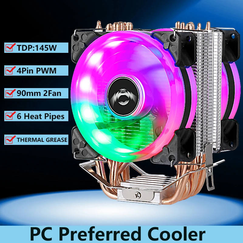 

QIUzAim Tower Radiator PC 6 Heat Pipe CPU Cooling 2 Fan Installing LGA775 115x 1200 1700 1366 i3 i5 2011 x79 x99 AMD Air-cooled