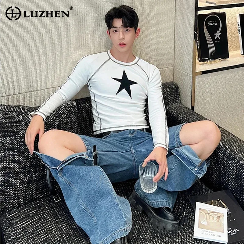 LUZHEN Star Printed Stripe Splicing Design Long Sleeve T-shirts Men's Original New Niche Design Stylish Street Men's Tops LZ6719