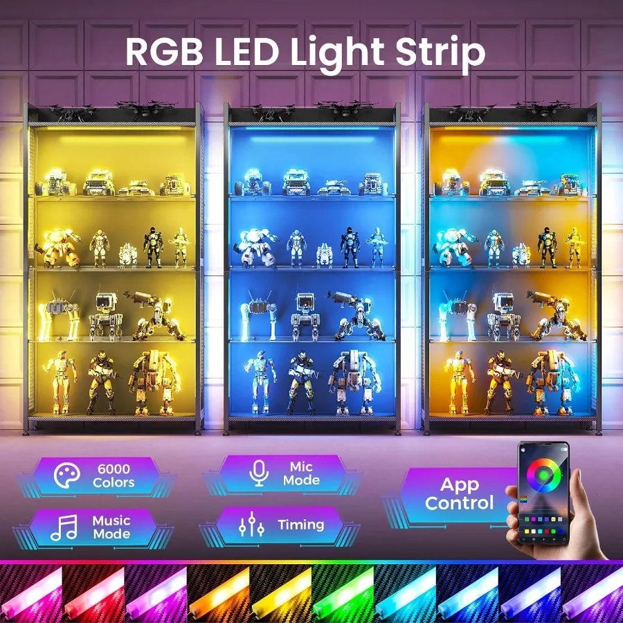 4-Tier Display Case with Tempered Glass Shelves RGB LED Lights for Home/Office, Black Finish, Adjustable Shelving and Soft-Clos view 4