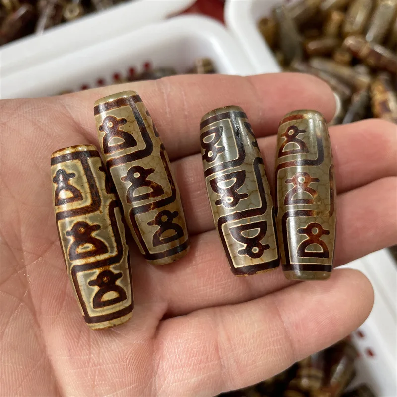 Tibetan-Style Vintage, Aged Nine-Eye Dzi , , Cylindrical , And Old Agate Long Beads