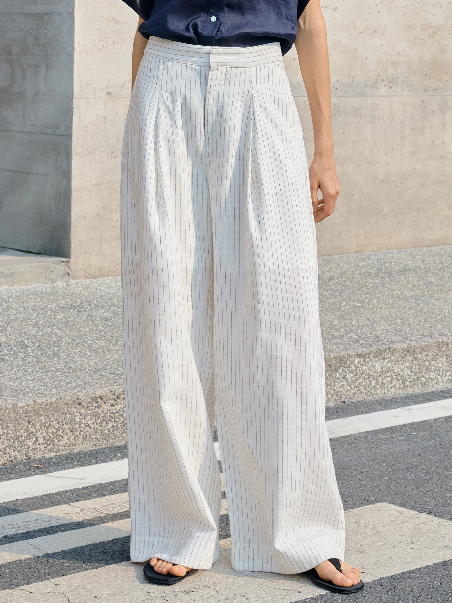 

Linen Wide Leg Pants Women's Striped Commute Straight Cool Sensation Loose Casual Drapey High Waist Rucksack Style Summer