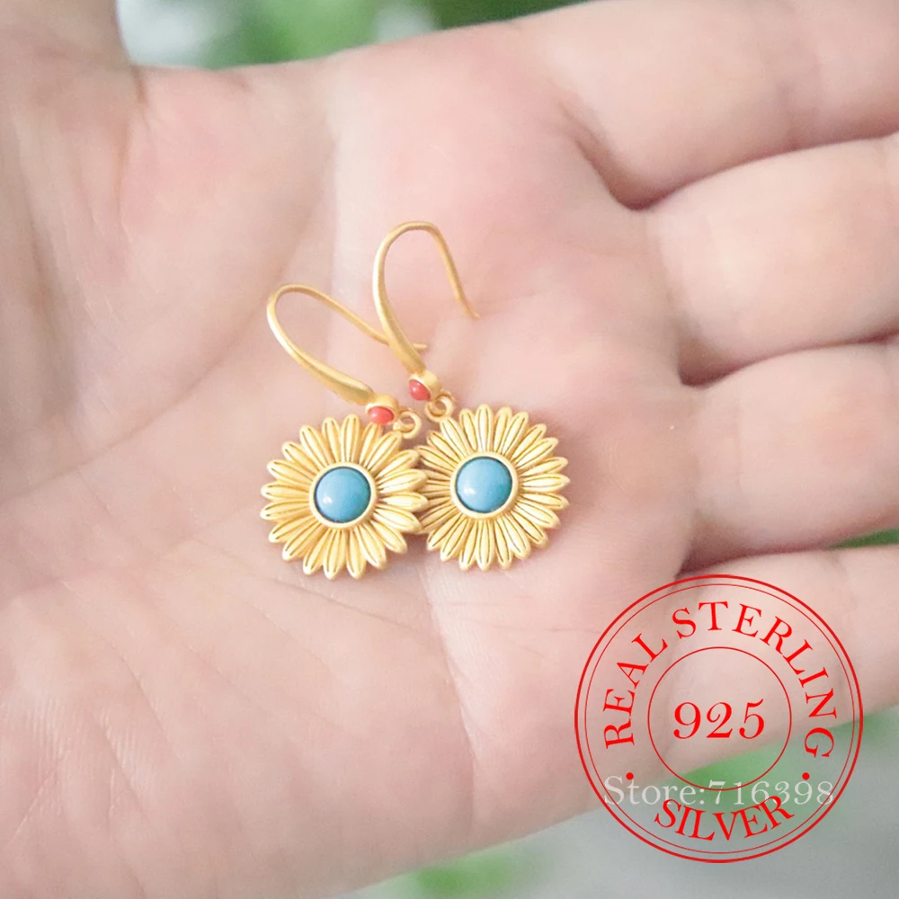 925-スターリングシルバージュエリー-18k-ゴールドメッキ-ターコイズ-サンフラワー-ドロップイヤリング-女性用-ウェディングパーティー-ジュエリーギフト