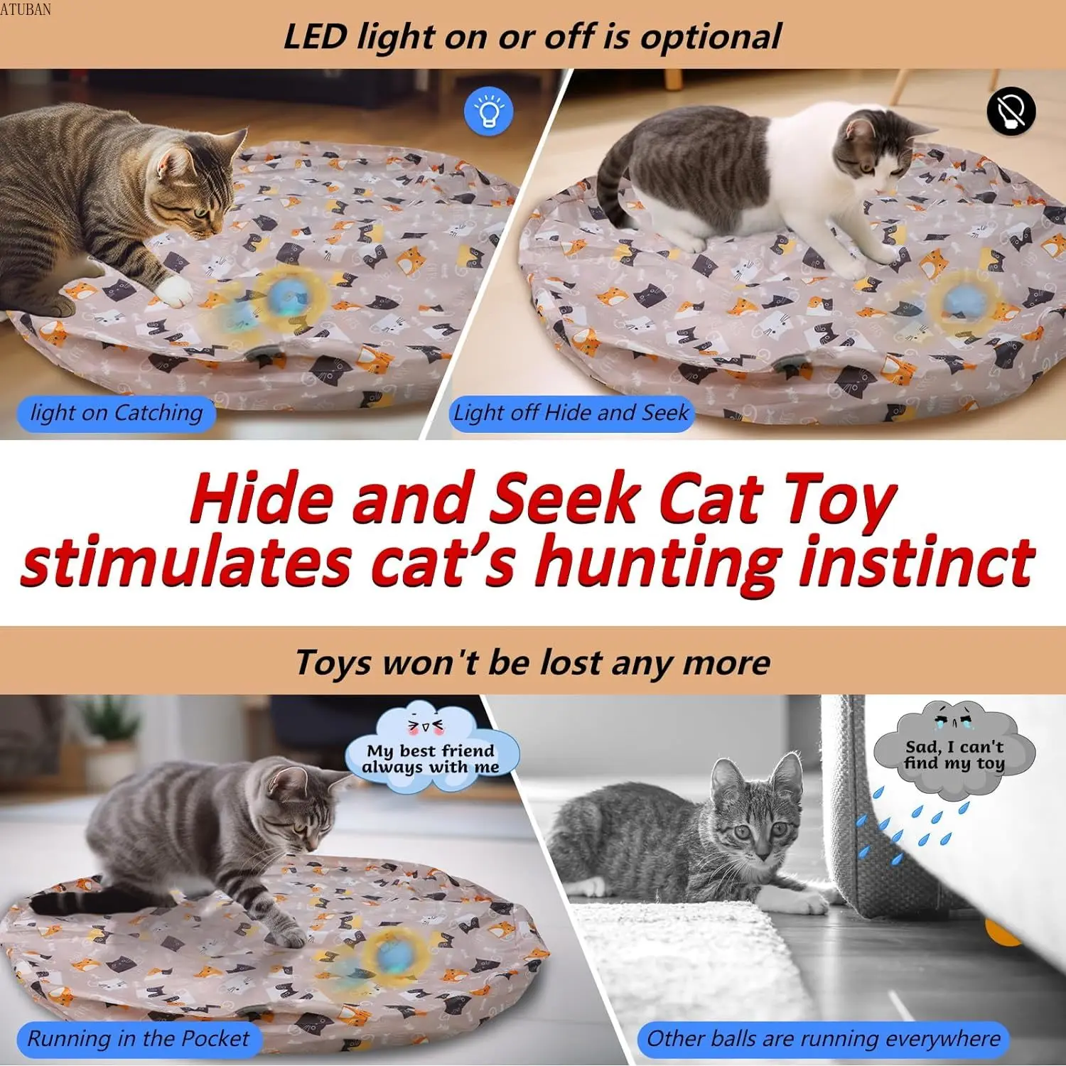 Electric Cat Hunting Toys,Hide and Seek Kitten Toy,Chirping&Motion Activated Interactive Cat Toy,Cats Hiding Cover Exercise Toy