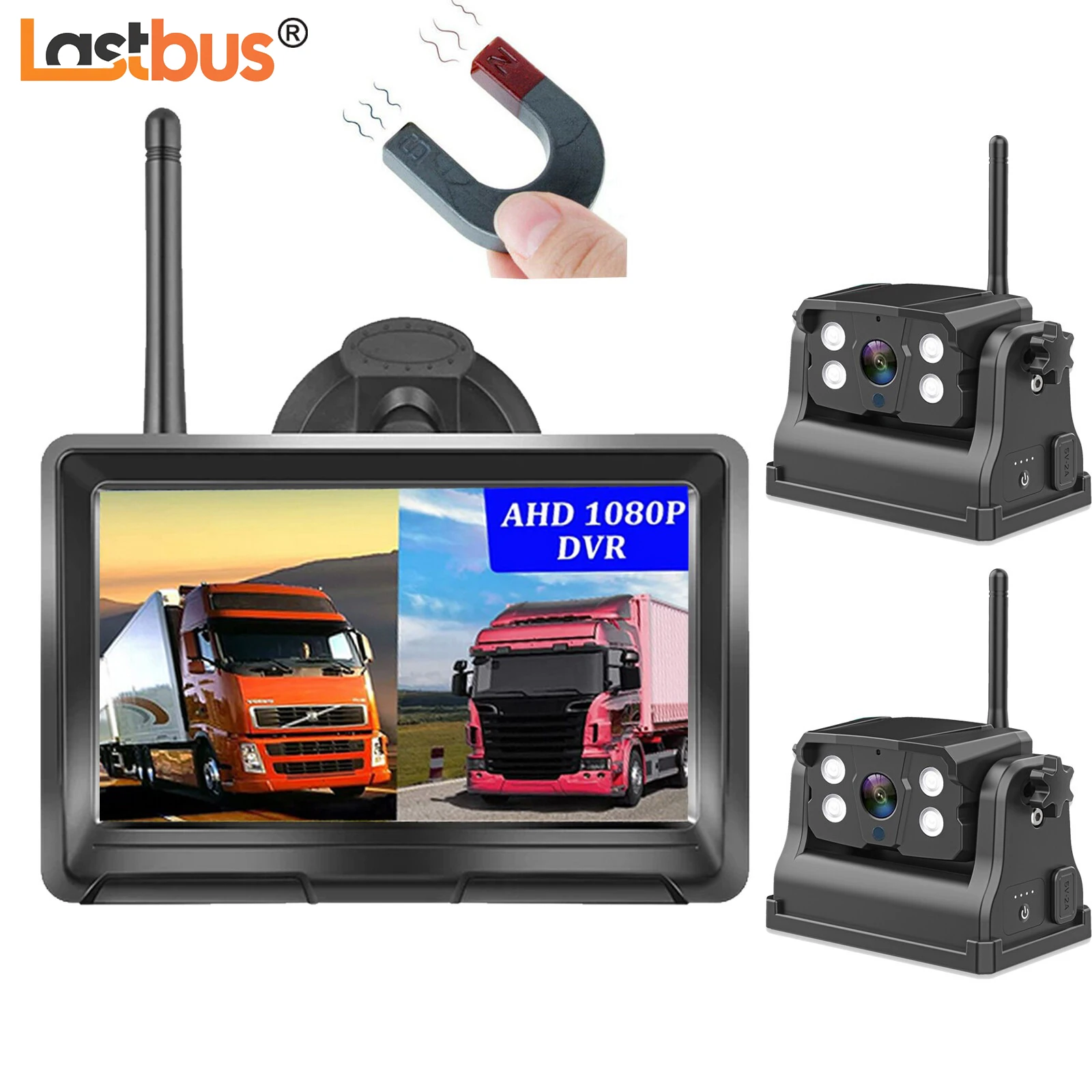 

Lastbus 1/2x Wireless Magnetic Base Backup Camera Waterproof Night Vision With 5" Split Monitor For Car Truck Caravan Trailer