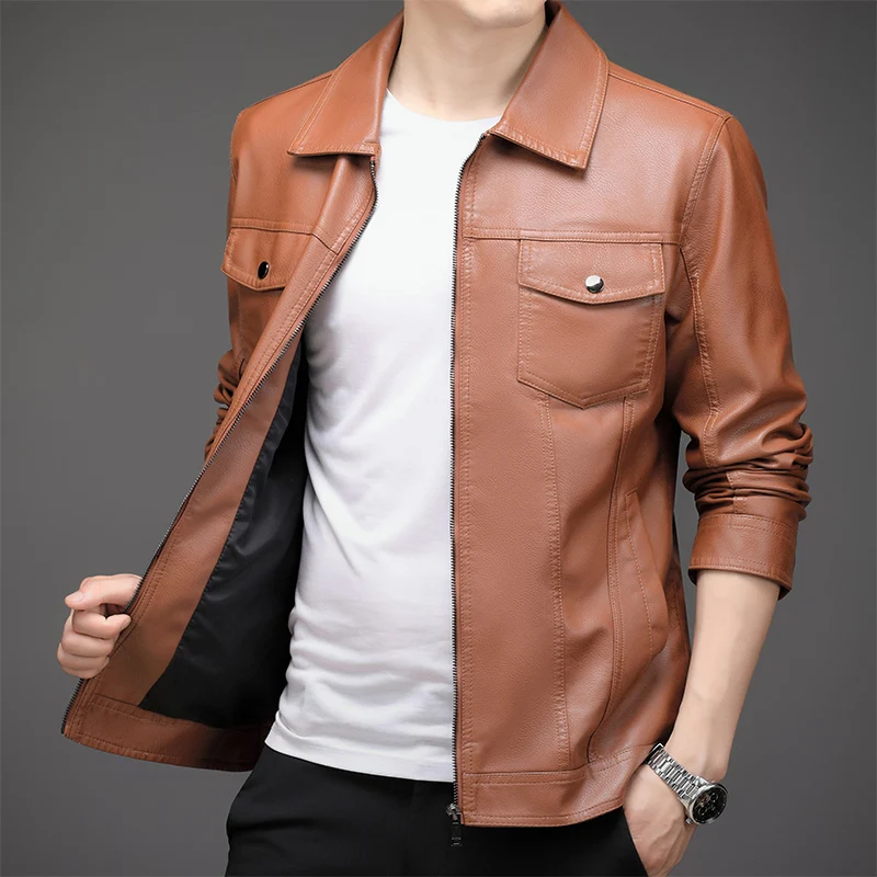 

Новая мужская куртка из искусственной кожи 2025 года, в стиле рабочей одежды, с воротником-стойкой, для мотоциклистов, осенне-зимняя, модная, стандартной длины