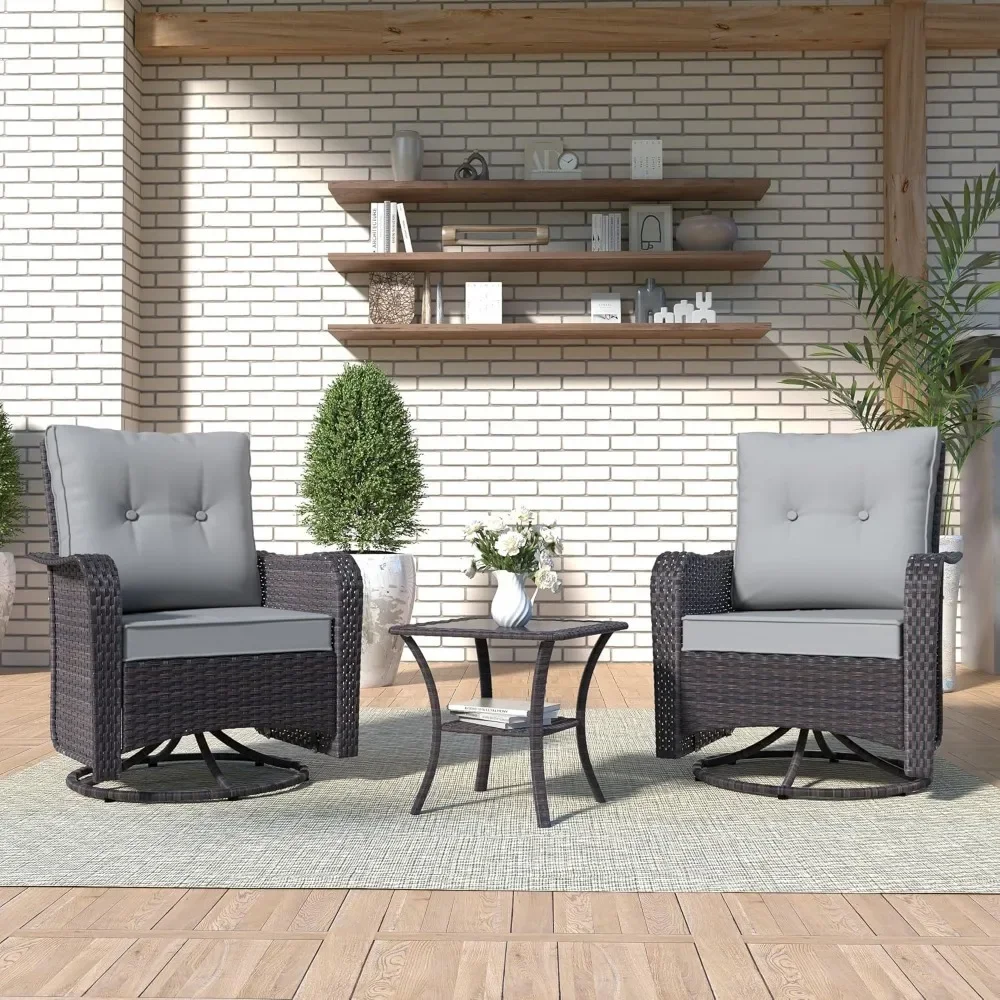 

3 Pieces Patio Furniture Set Outdoor, Rattan Rocking Chair with Tempered Glass Side Table and Thickened Cushions