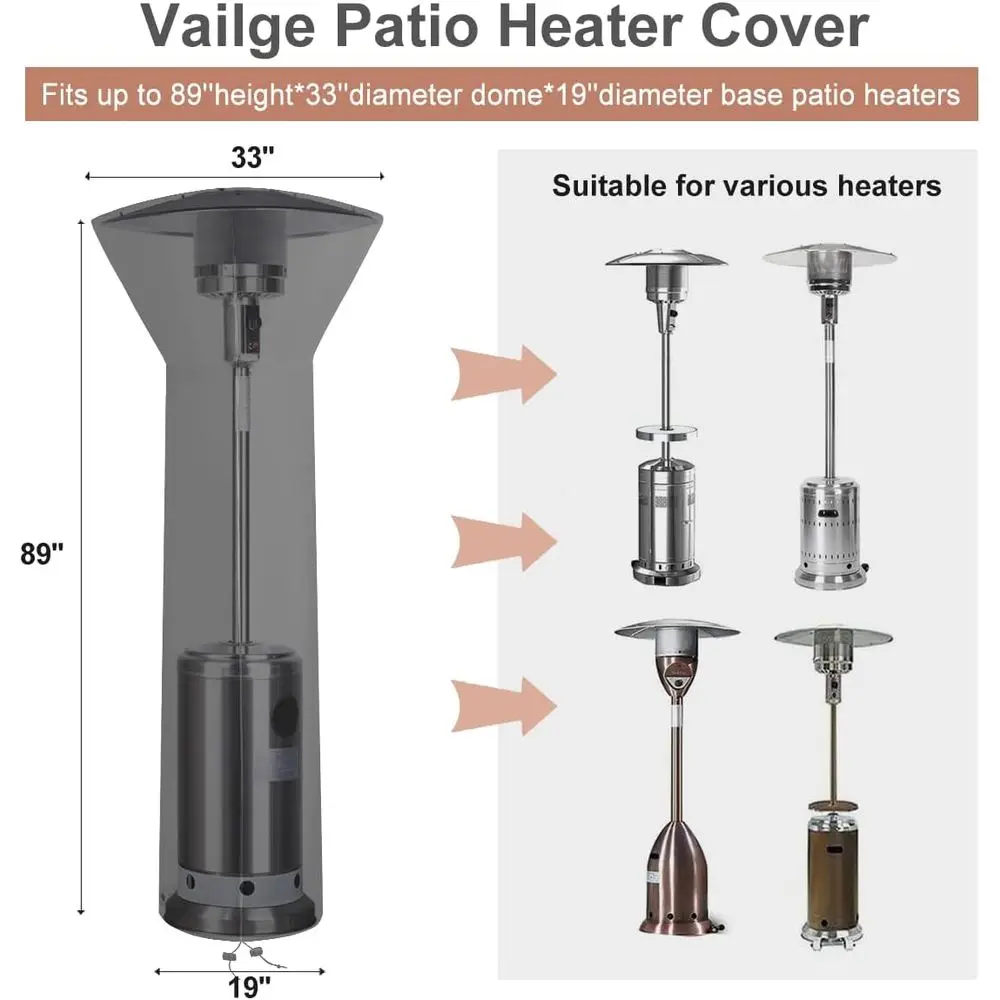 Durable 600D Waterproof Outdoor Patio Heater Cover with Zipper and Storage Bag, UV and Wind Resistant, Black, 89 H x 33 W x 19 B