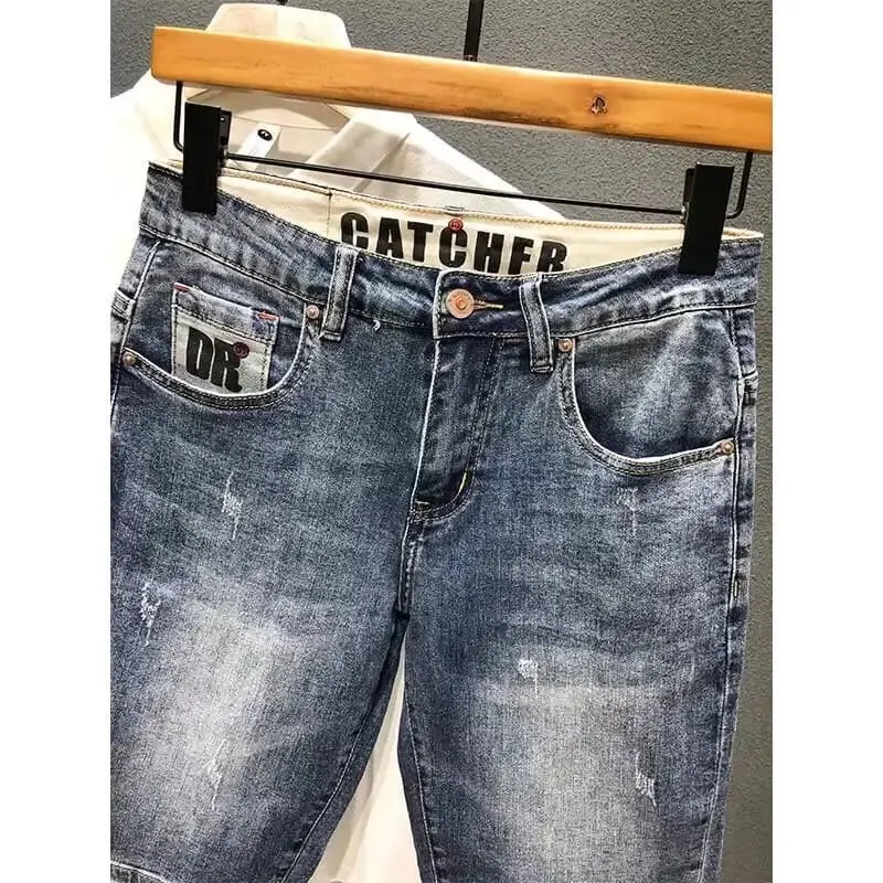 Men Summer Korean Fashion Blue Shorts Jeans Knee Length Streetwear Loose Straight Tube Denim Shorts