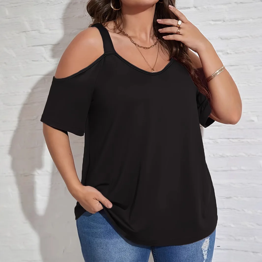 

Fashionable Shoulder-baring Short Sleeve Pure Color T-shirt Women's plus Size Spring Summer New Arrival Citywalk PVC Material
