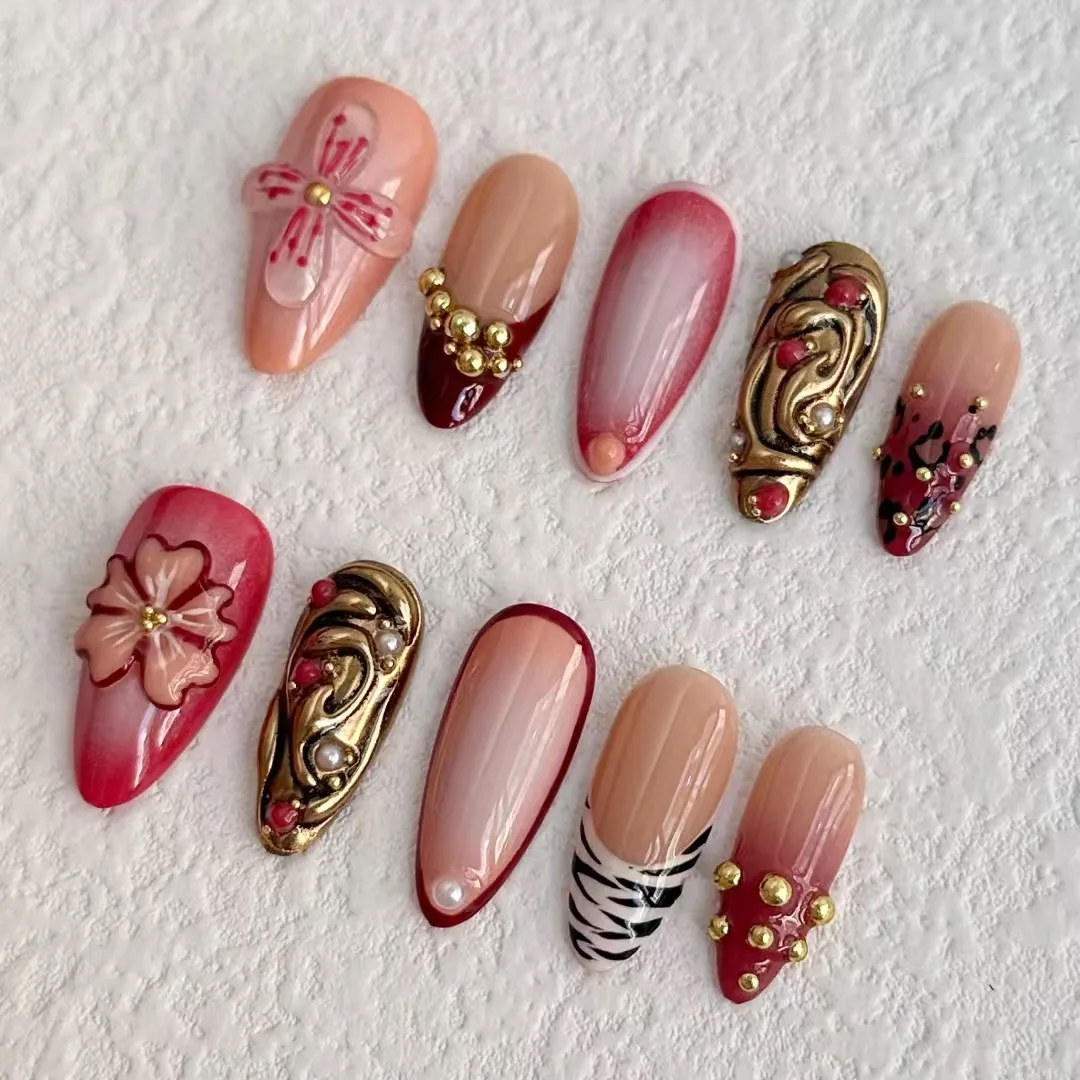 New Full Cover Reusable 10Pcs Handmade Artificial Press on Nails Girls 3D Style Almond Nail Art Salon with Set