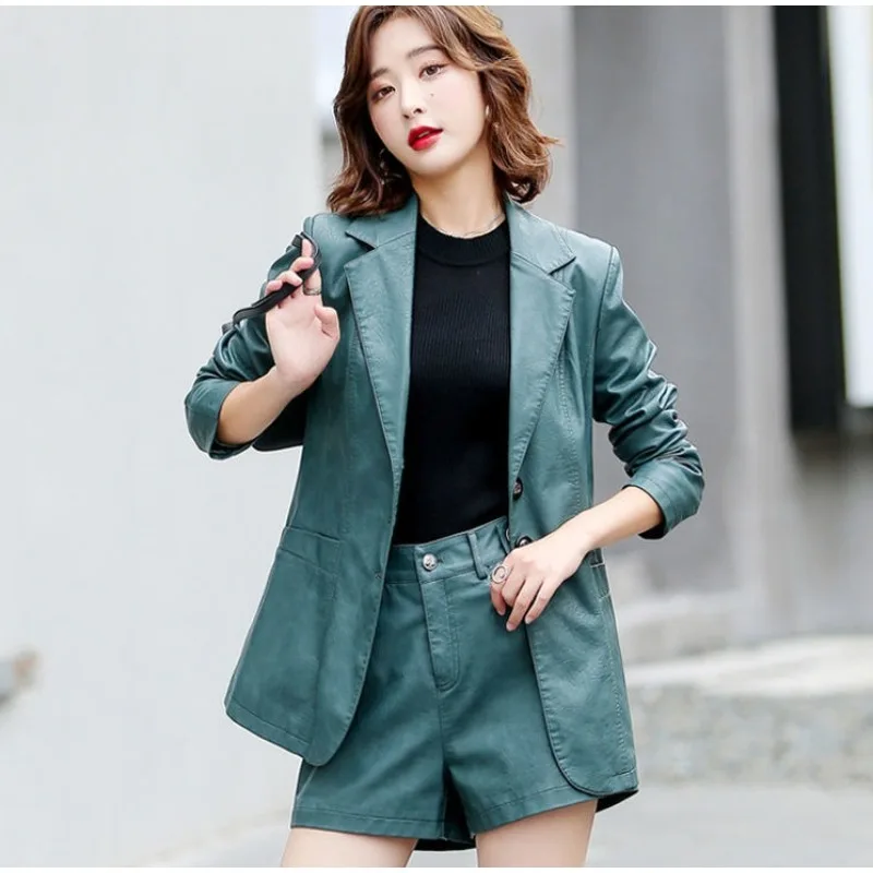 

2023 Spring Autumn New Women Slim Small Suit Motorcycle Wind Imitation Sheepskin Long Cardigan Loose Thin Style Leather Coat