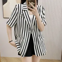 Summer 2024 Women's New Patchwork Turn-down Collar Button Stripe Pocket Fashion Slim Versatile Casual Short Sleeve Blazers