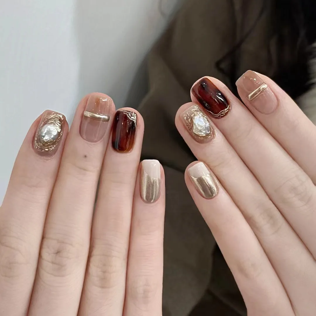 10 قطعة الأظافر اليدوية نصائح عارية عين القط التدرج تصميم أظافر صناعية الفن اللؤلؤ الماس قصيرة مربع وهمية مسمار اضغط على مجموعات الأظافر