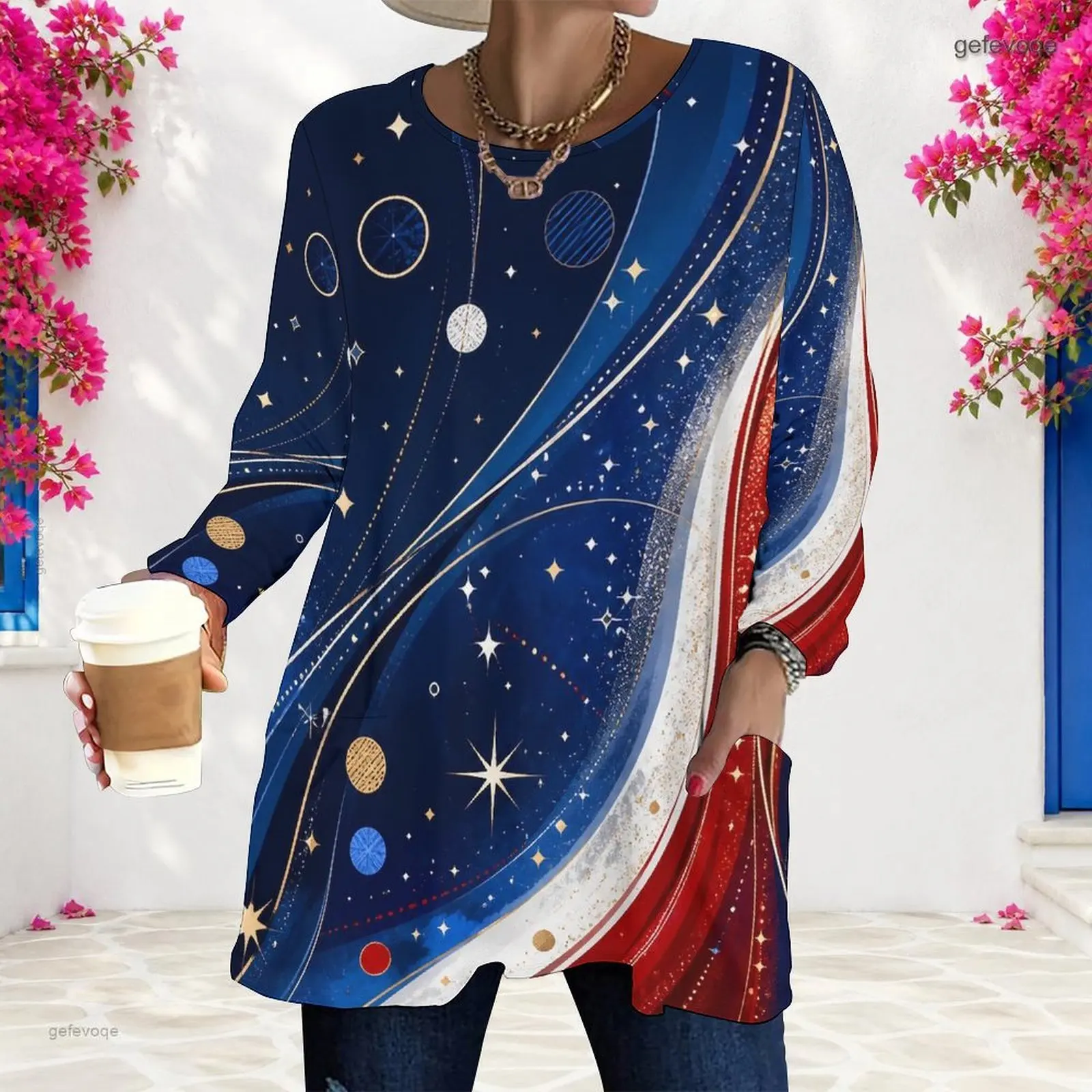 Women Celestial Star Planet Printed Round Neck Long Sleeve Loose Longline Top with Pockets