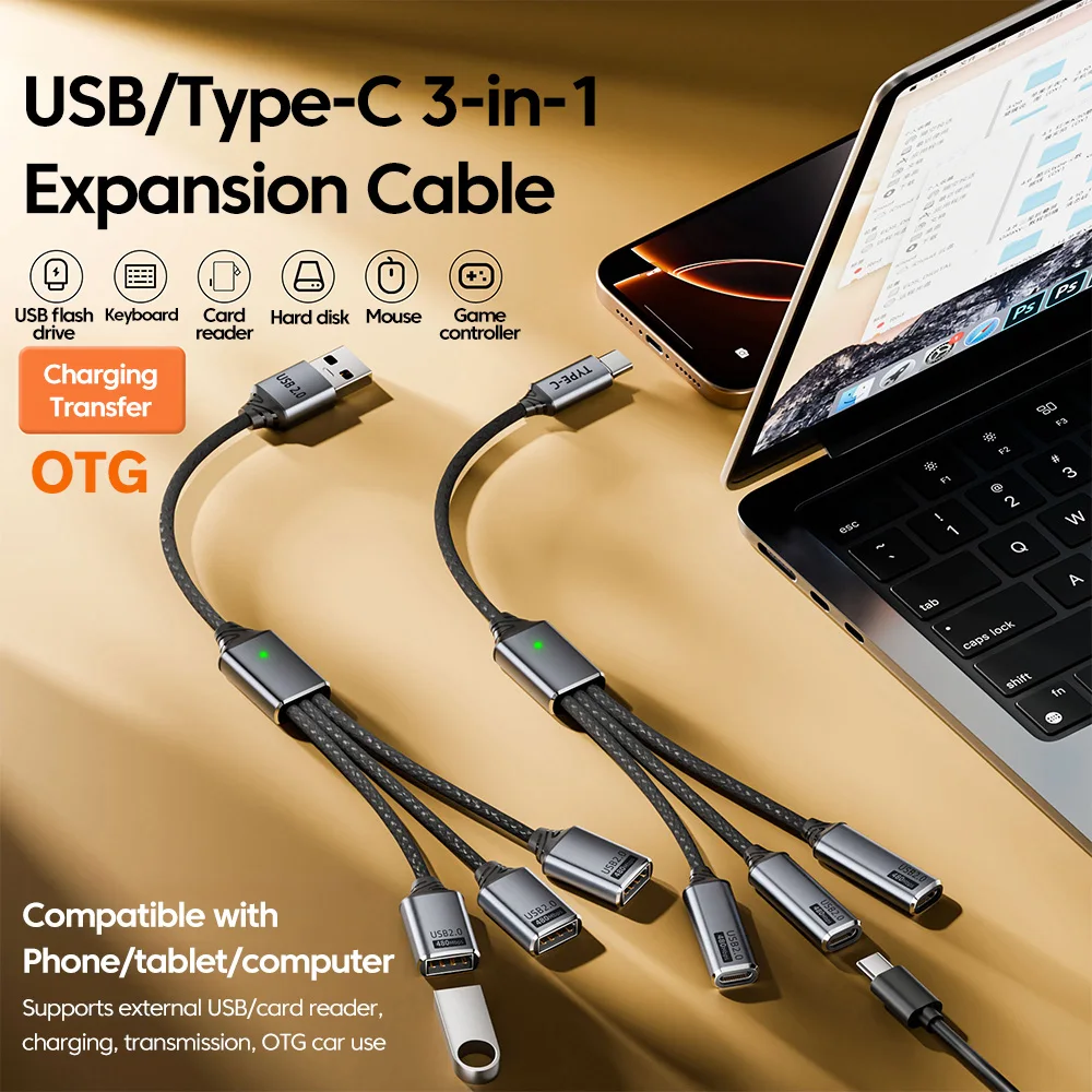 

3Port Splitter Expansion Cable USB to 3USB Female / Type-C to 3Type-C Adapter 3-in-1 HUB OTG Charging Data Transfer Connector