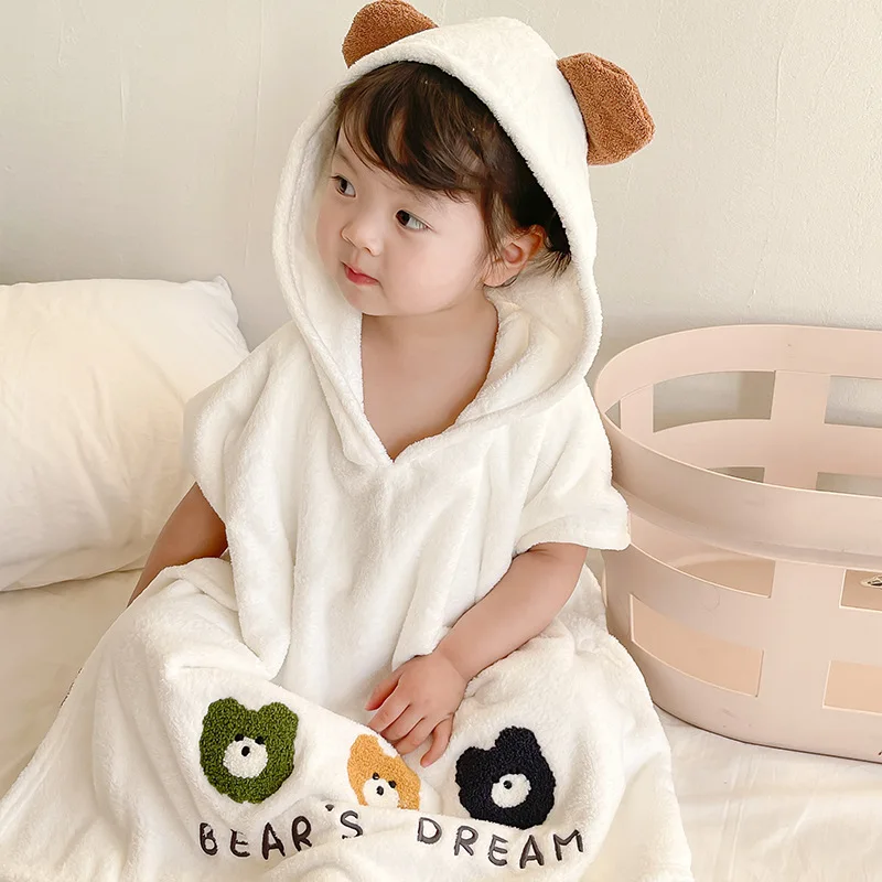 Children\'s Bathrobe Polyester Baby Soft Skin Absorbent Quick Drying Hooded Bath Towel Cartoon Frog Bear Air Conditioning Blanket