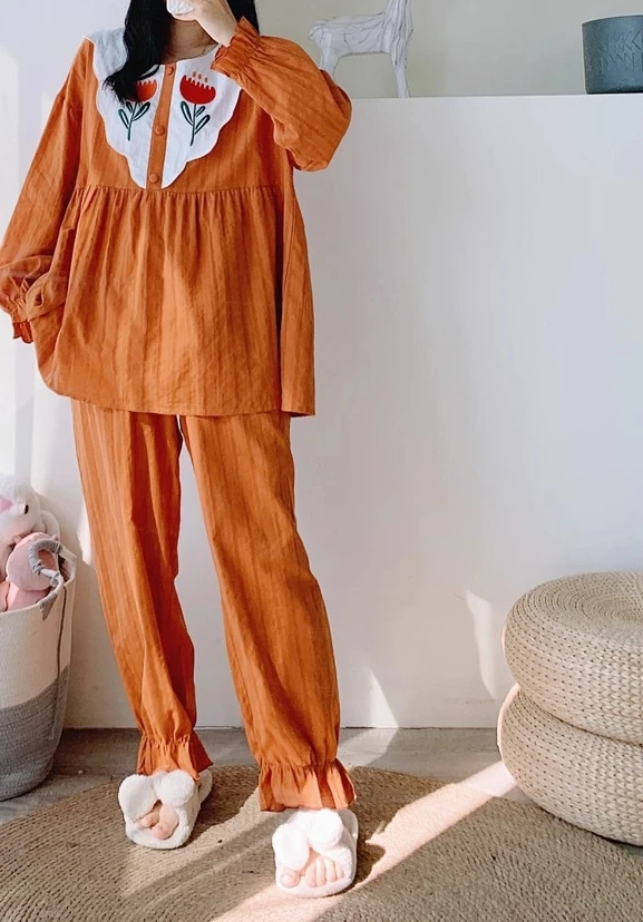 Washed Woven Cotton XL-4XL Long Sleeve Pants Two-piece Pajamas Girl Spring Autumn Loose Peter Pan Collar Flower Sweet Loungewear