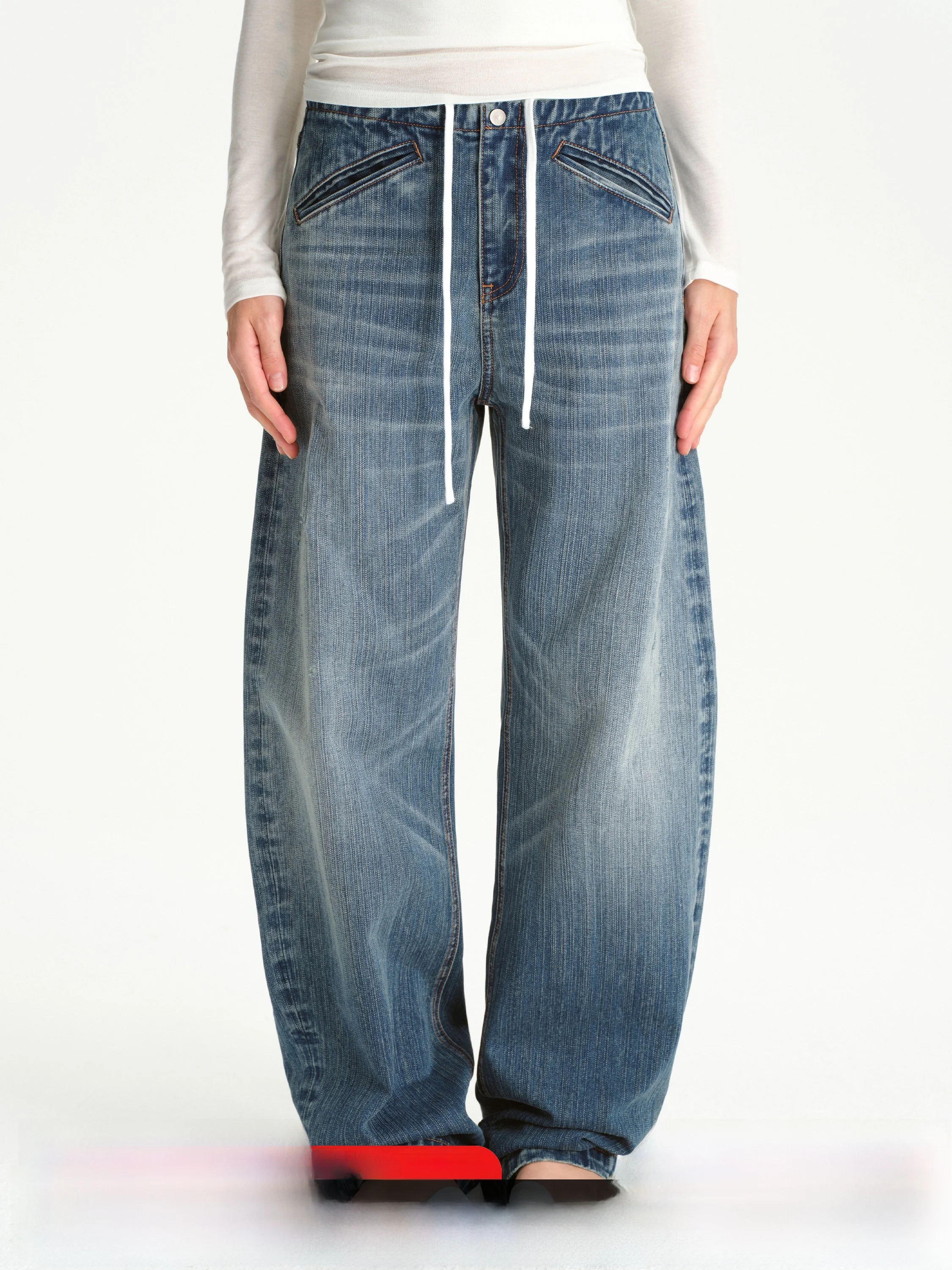 

Ретро джинсы с широкими штанинами и завязками, свободные, стройнящие, женские, с низкой талией, весенние, в стиле «бананы», повседневные, винтажные, синие, джинсовые брюки