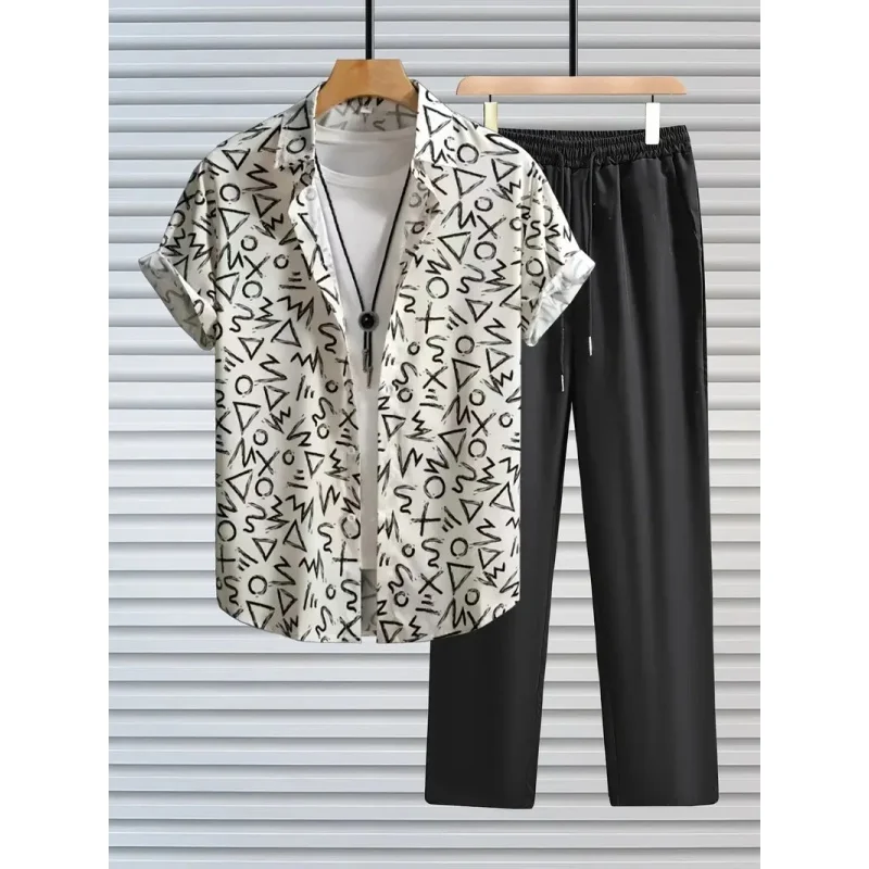 

Мужская повседневная рубашка на пуговицах с короткими рукавами, комплект из двух предметов, 3D-печать с рисунком граффити, пляжная повседневная одежда, комплект из двух предметов большого размера