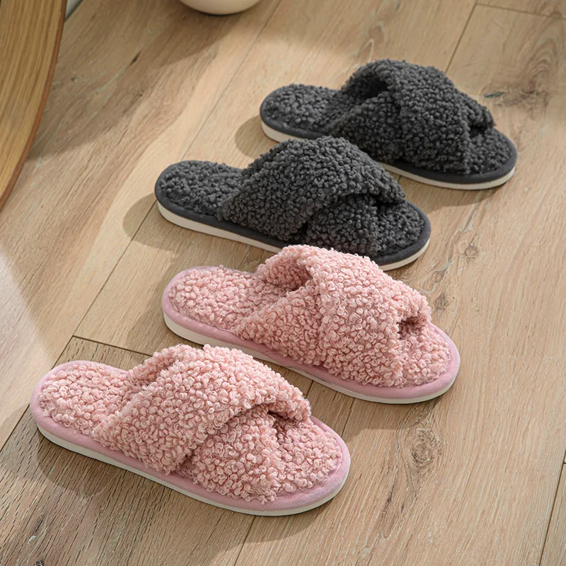 Fashion Cross Strap Fuzzy Slippers Women Indoor House Non Slip Warm Plush Woman Slippers Winter Comfort Soft Sole Cotton Slides