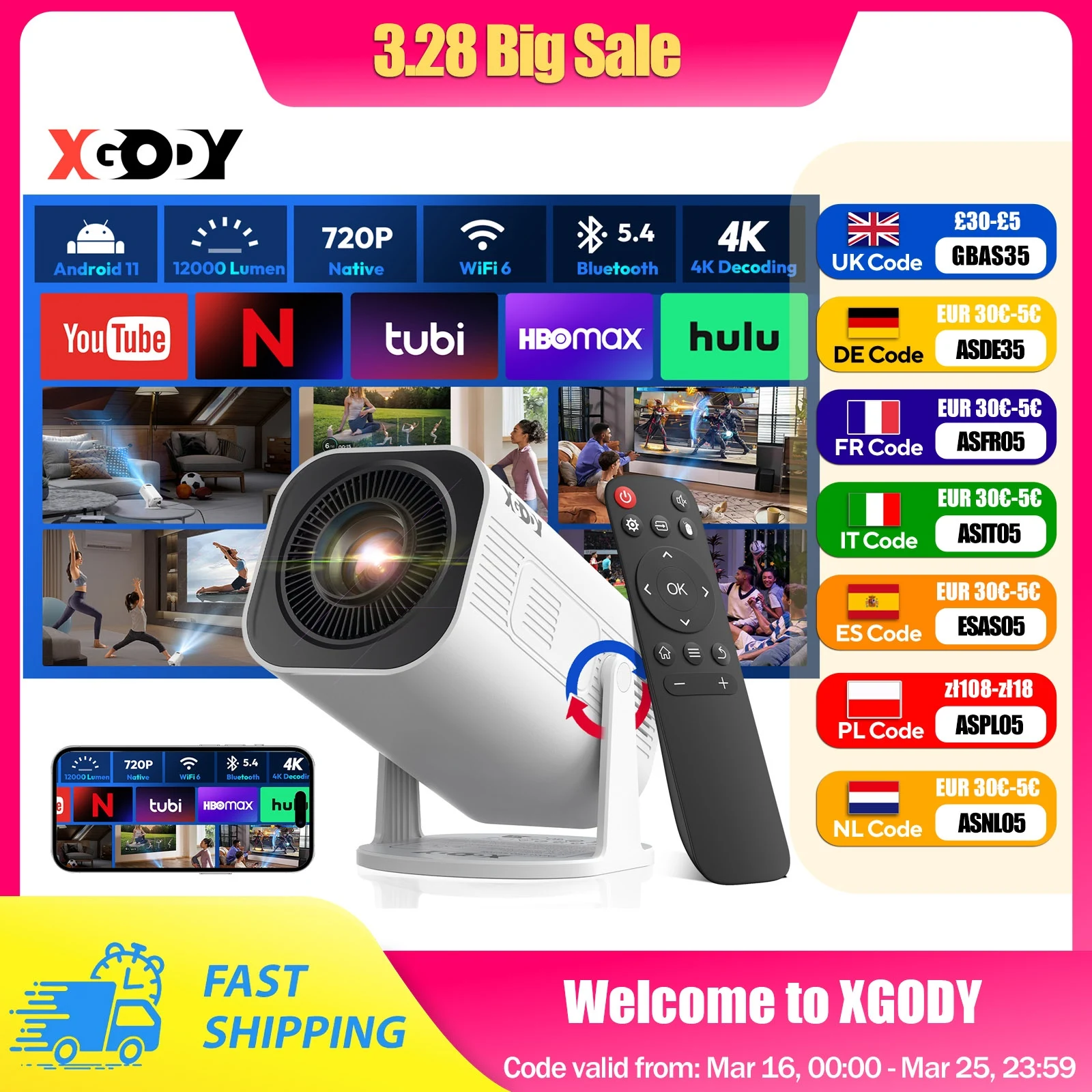 XGODY cardan 3 Pro projecteur 4K Wifi6 Android Mini projecteur 300 ANSI double WIFI BT5.4 1280*720P Home cinéma extérieur Portable