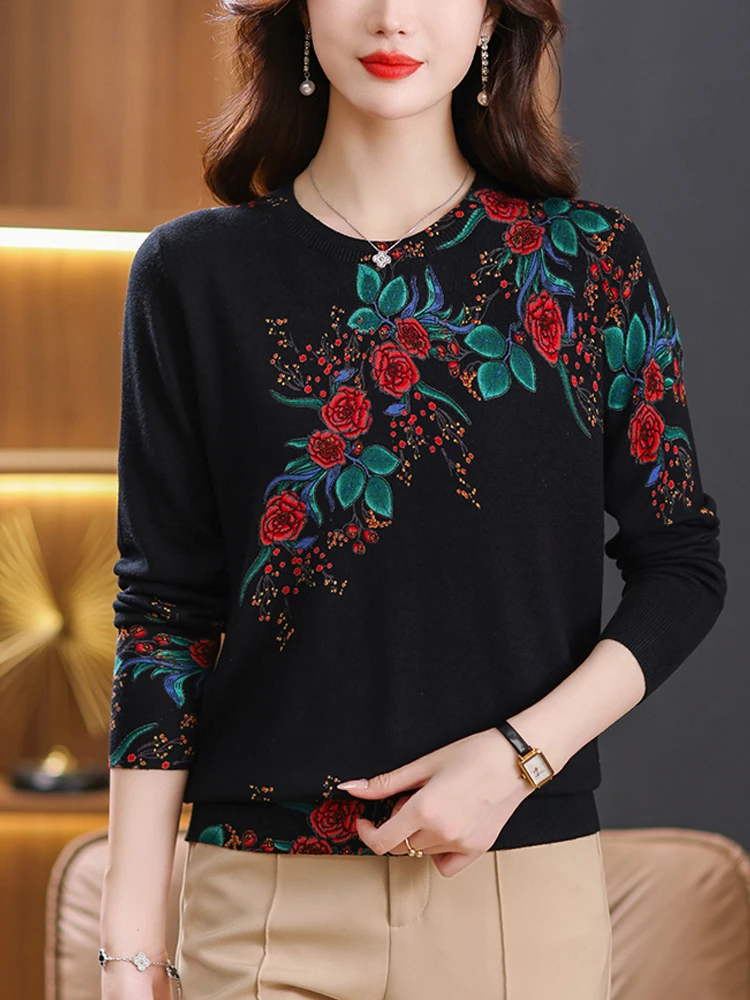 

Floral Print Sweaters Autumn Spring Soft O Neck Knitwears Pullover Pull Femme Female Casual Jumper Long Sleeve Women's Sweater