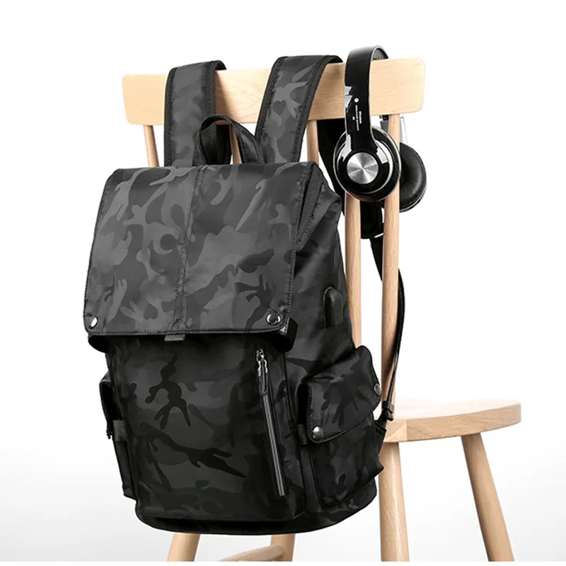 Mochila informal de camuflaje para hombre, bolsa impermeable Oxford para hombre, mochila de viaje antirrobo con USB, bolsa para portátil de gran capacidad