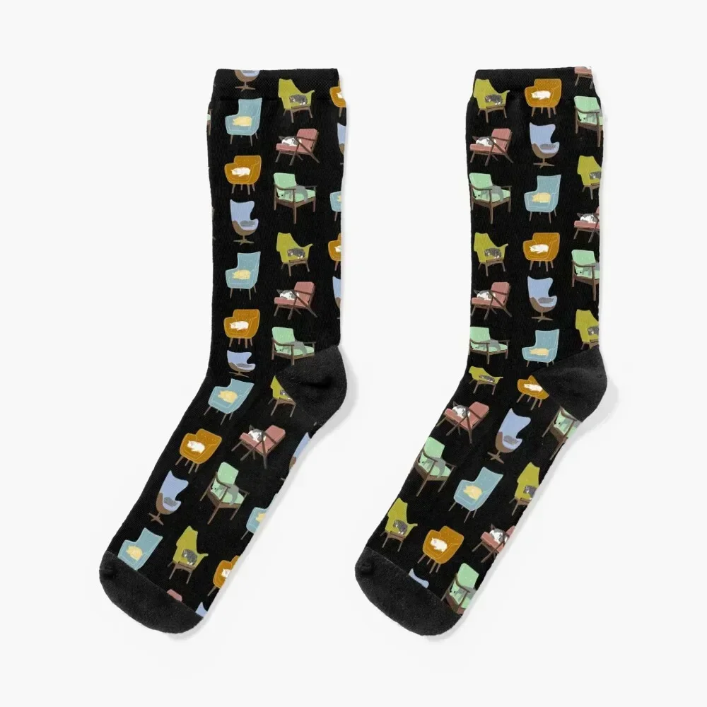 Cats Sleeping on Mid Century Modern Chairs Socks soccer anti-slip happy sport men cotton high quality Socks Male Women's