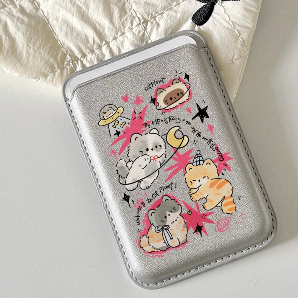 Lustige Niedliche Katzen-INS-Leder-Kartenhalter-Handyhülle, Geeignet für alle iPhone-Hüllen, Magsafe Magnetische Karten-Handyrückentasche – Detail 1