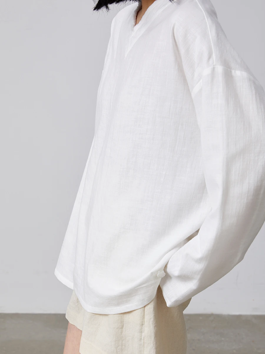 

Хлопковая винтажная блузка Gaoguo с V-образным вырезом и оборками по низу, легкая, с длинными рукавами, белая, свободного кроя, повседневная, весна-лето