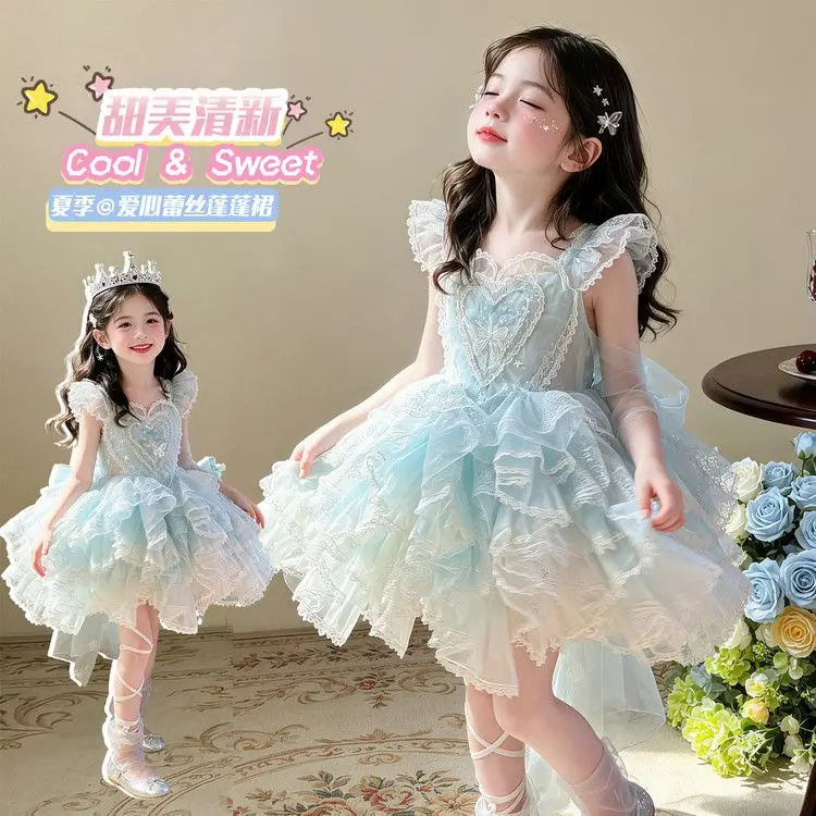 Summer Backless Lolita Ball Gown Dress Girls Kids Sets Princess Shiny Skirts Birthday Party Childrens Gauze Clothing Sundress