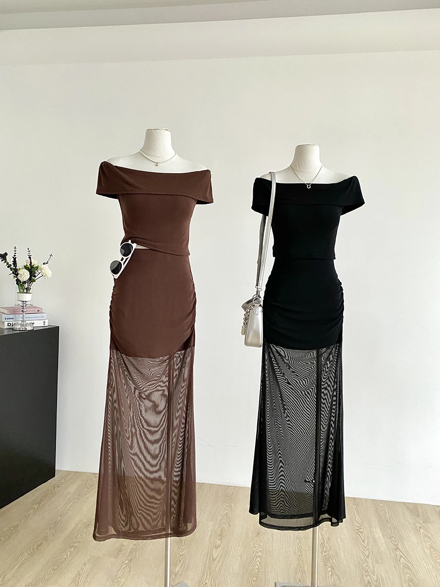 

Sexy Shoulder Bridesmaid Outfit 2025 Summer New Style Fashionable See-through Mid-length Skirt Set Women's Trendy Ensemble