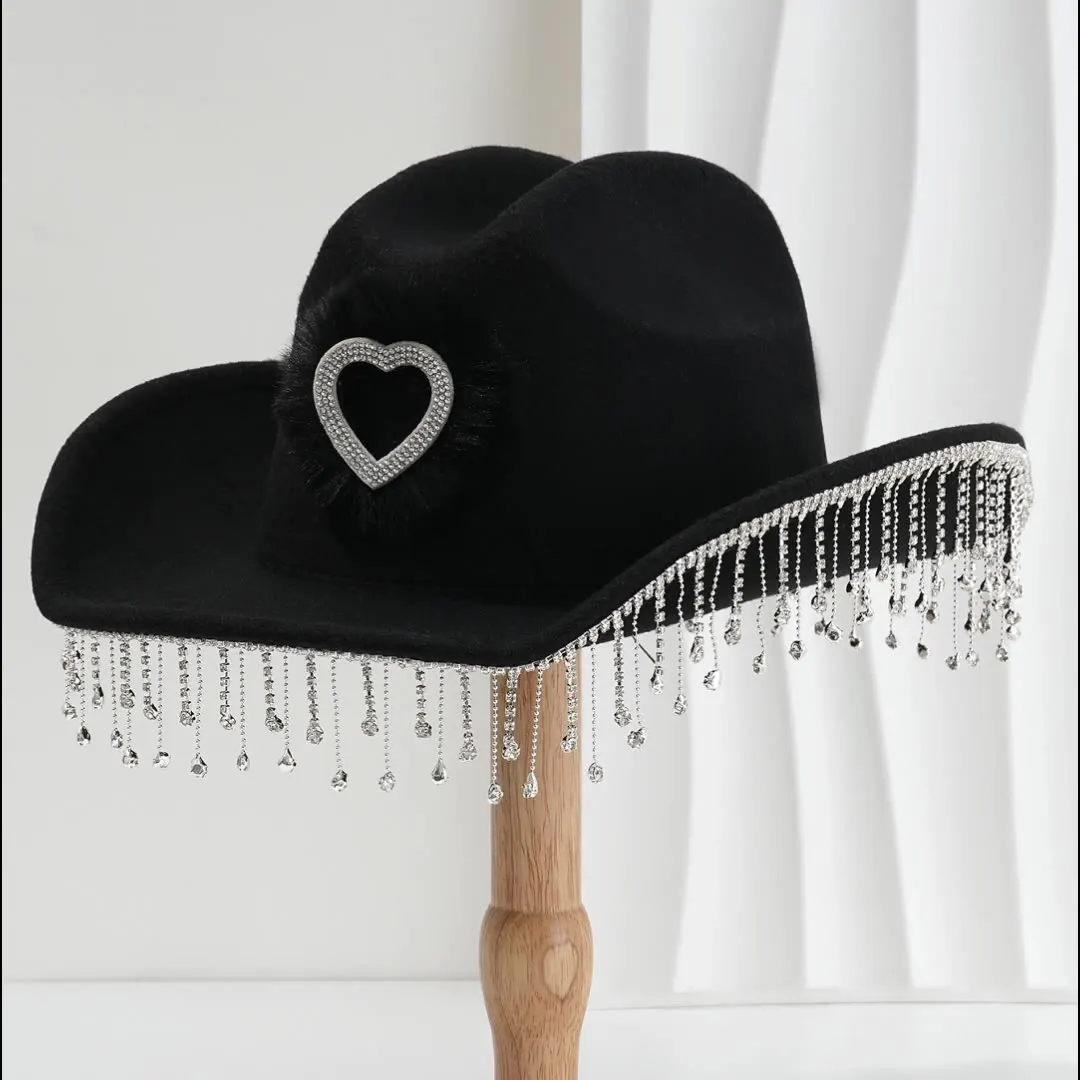 

Шляпа в стиле пастушки со стразами, металлическая цепочка, однотонная ковбойская шляпа, аксессуары в форме сердца, музыкальный фестиваль, танцевальная шляпа, изогнутая карнизная легкая шляпа